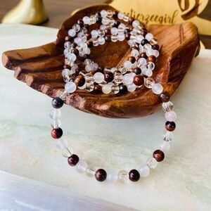Handmade Red Tigers Eye Rose & Clear Quartz Gemstone Bead Bracelet 6mm